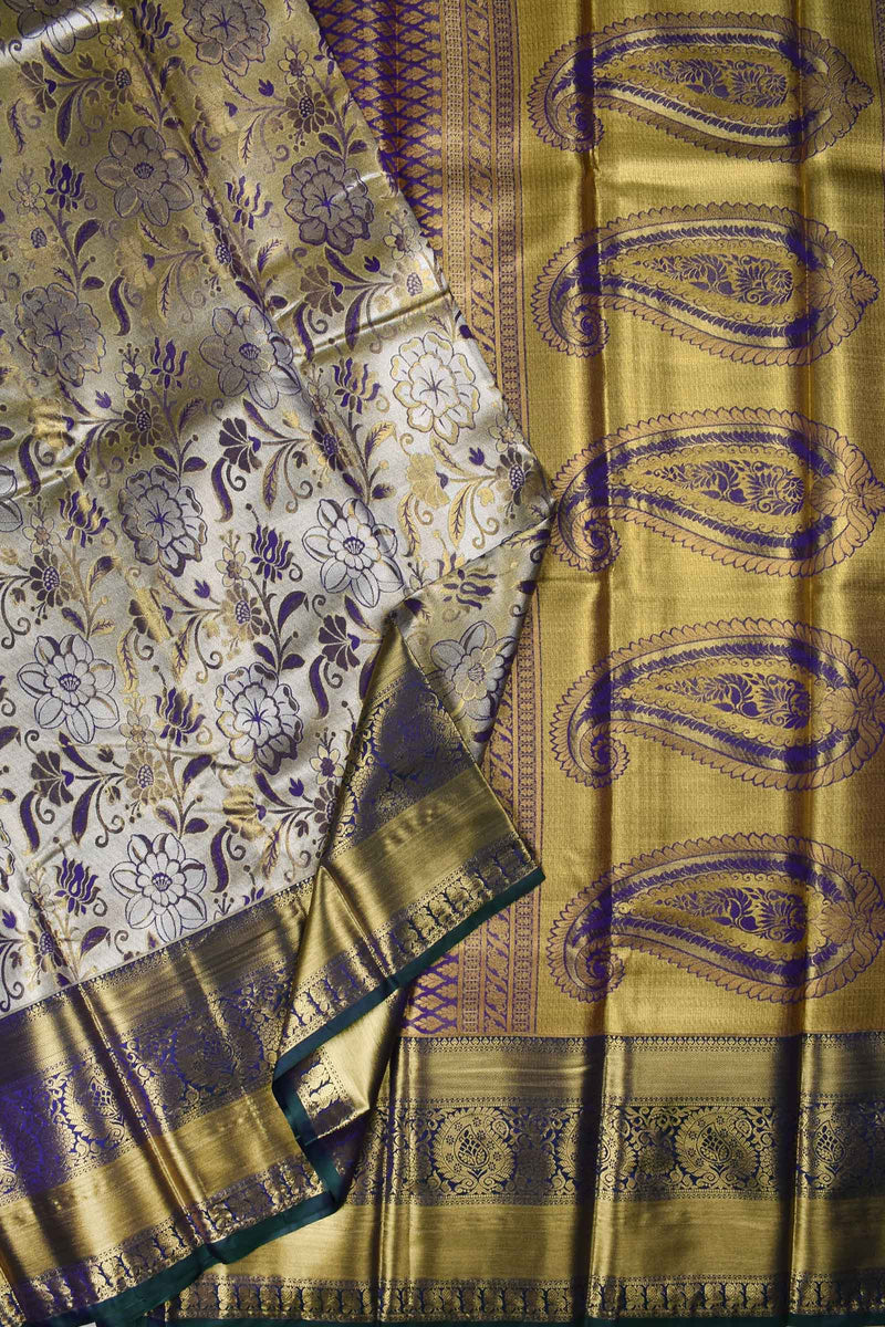 Silver with Violet Big Floral Design Mango Pallu Bridal Tissue Saree