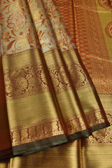 Golden Semi Silk All Over Floral Jacquard Big Border Bridal Tissue Saree