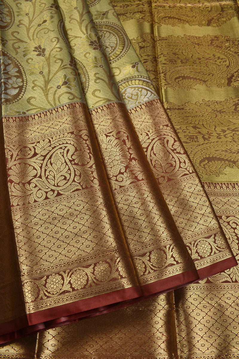 Dark Golden Semi Silk Emblem Design Grand Paisely Pallu Bridal Tissue Saree