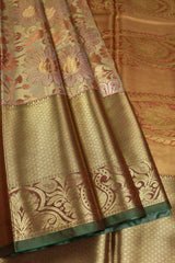 Golden Semi Silk Big Floral Design Paisely Pallu Bridal Tissue Saree