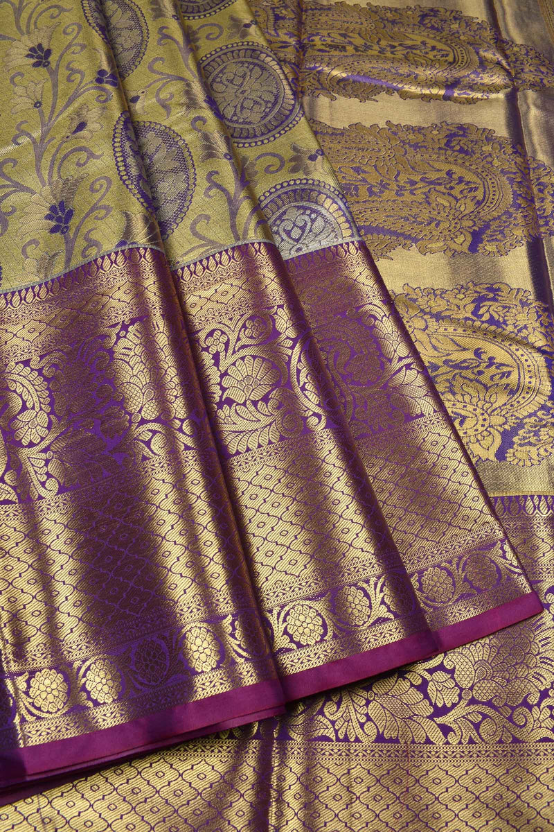 Golden  Semi Silk Swan Emblem Jacquard Grand Pallu Bridal Tissue Saree