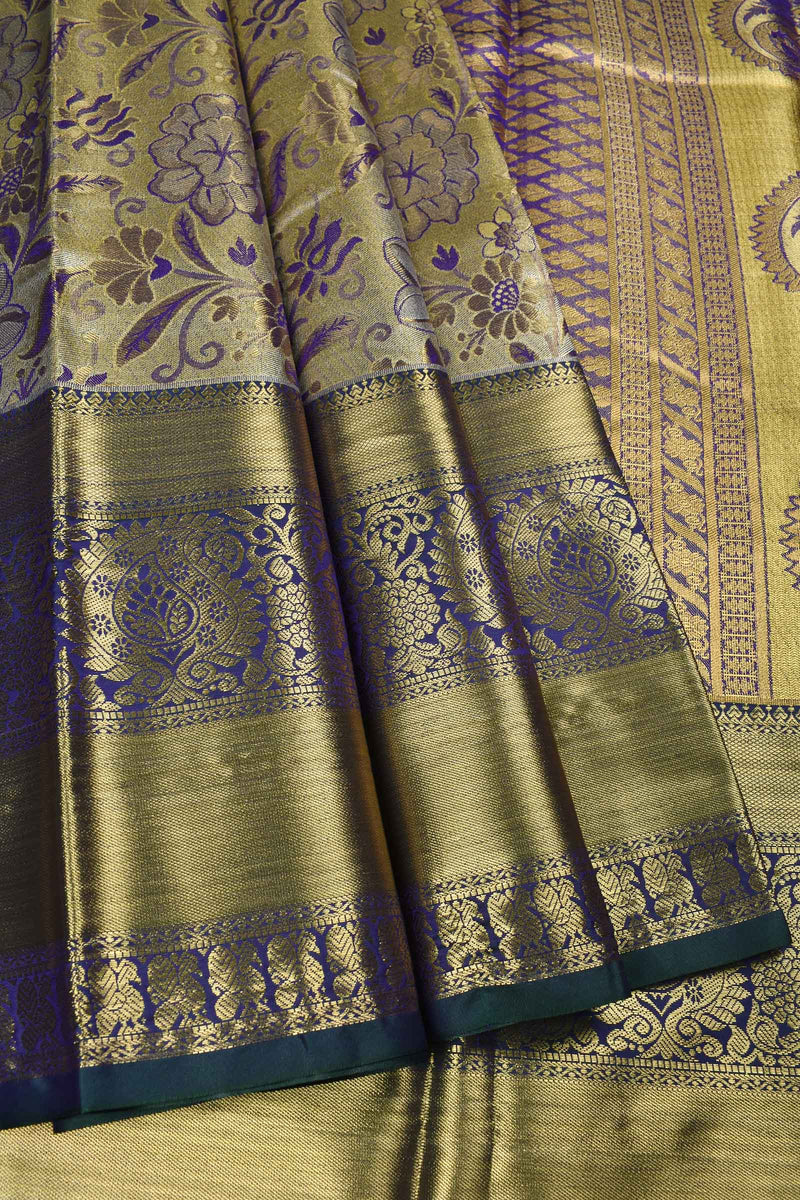 Silver with Violet Big Floral Design Mango Pallu Bridal Tissue Saree