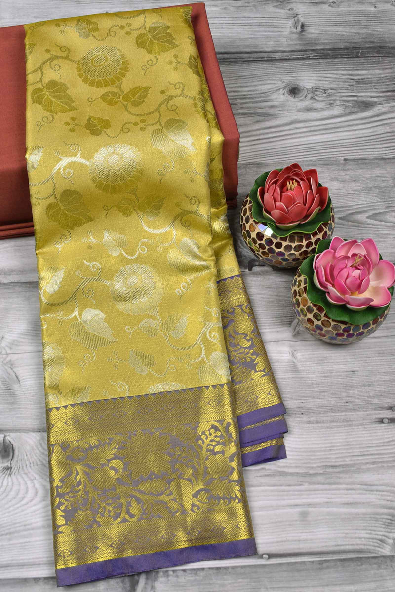 Light Yellow Semi Silk Floral Jaal Design Contrast Violet Border Bridal Tissue Saree