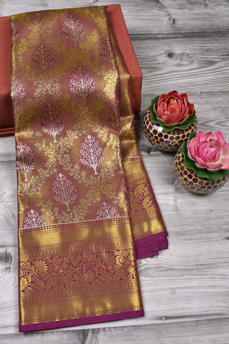 Golden Brown Semi Silk Contrast Tree Jacquard Floral Border Bridal Tissue Saree