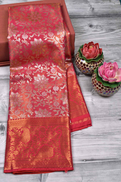 Dark Pink Semi Silk Grand Jacquard Mango Border Bridal Tissue Saree