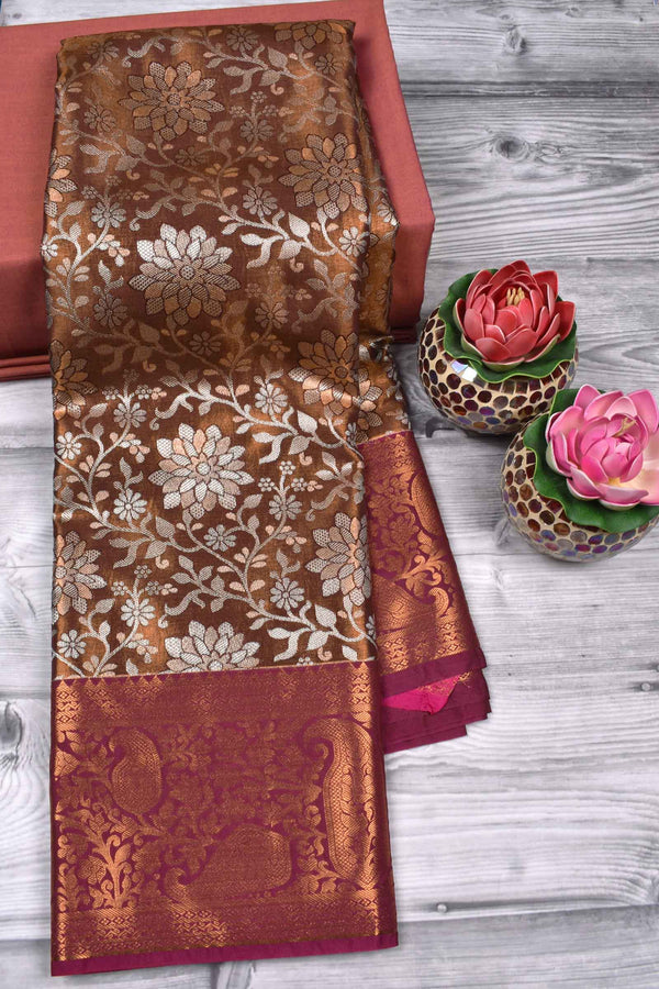 Rust Brown Semi Silk Silver Floral Jacquard Mango Pallu Bridal Tissue Saree