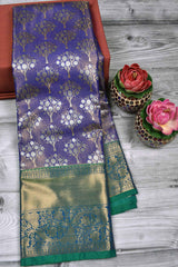 Blue Semi Silk Tree Design Contrast Green Border Bridal Tissue Saree