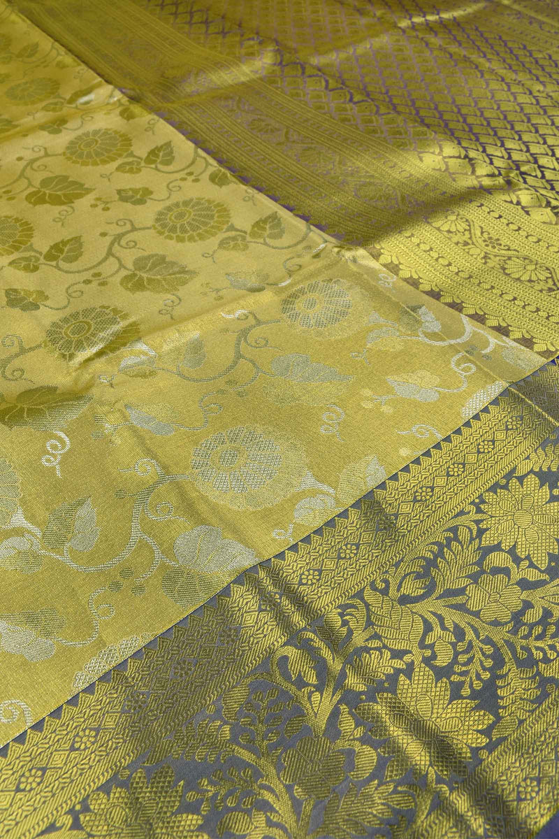 Light Yellow Semi Silk Floral Jaal Design Contrast Violet Border Bridal Tissue Saree