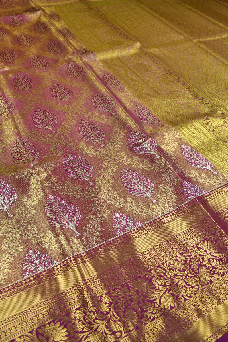 Golden Brown Semi Silk Contrast Tree Jacquard Floral Border Bridal Tissue Saree