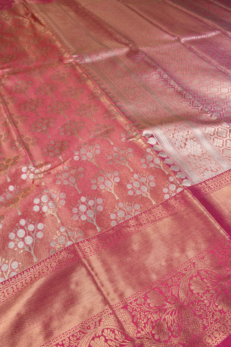 Light Pink Semi Silk Silver Tree Design Grand Pallu Bridal Tissue Saree