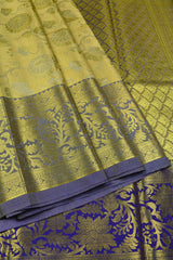 Light Yellow Semi Silk Floral Jaal Design Contrast Violet Border Bridal Tissue Saree