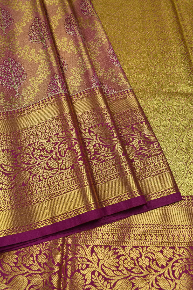 Golden Brown Semi Silk Contrast Tree Jacquard Floral Border Bridal Tissue Saree