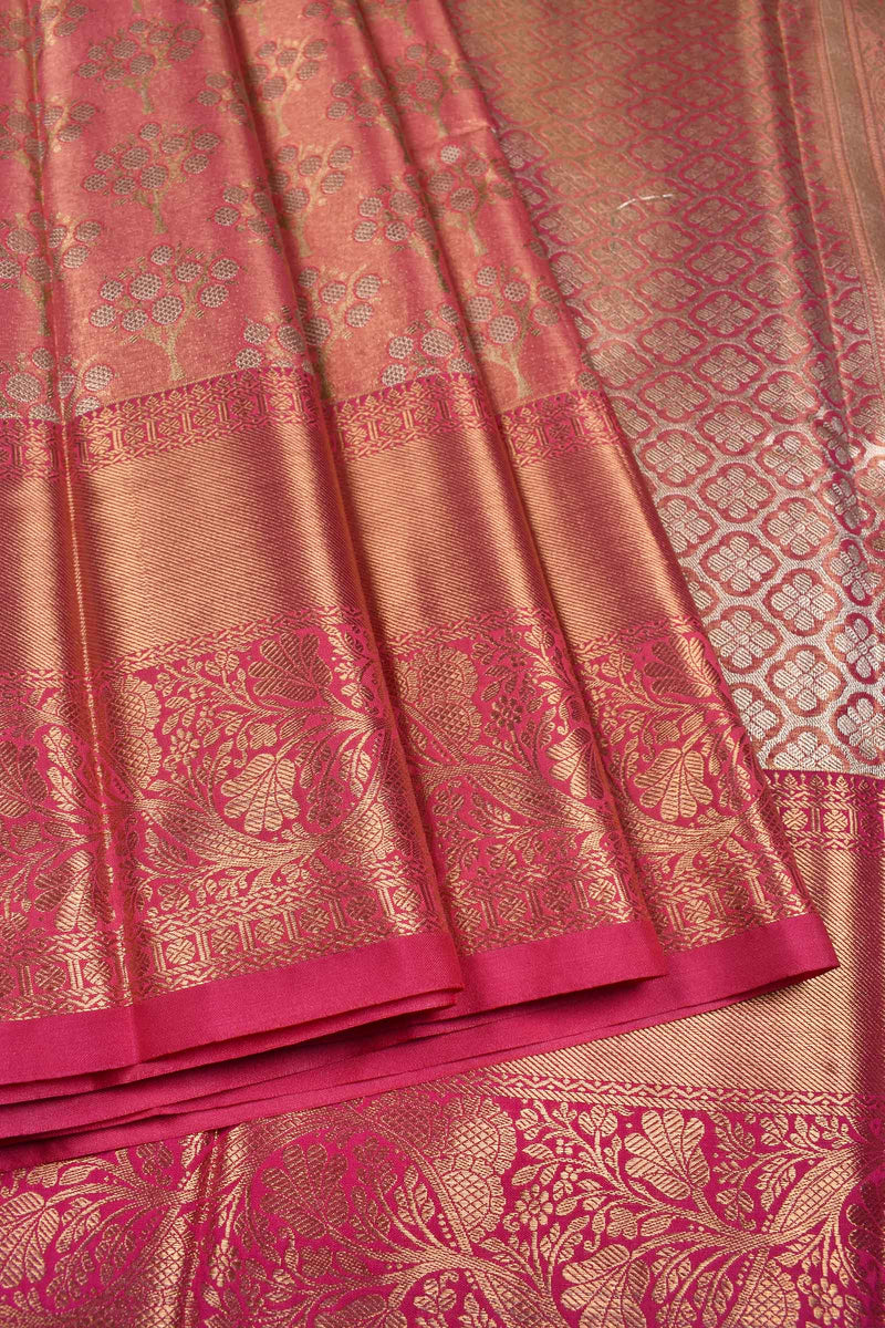 Light Pink Semi Silk Silver Tree Design Grand Pallu Bridal Tissue Saree