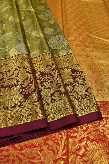 Leaf Green Semi Silk Floral Jacquard Contrast Maroon Floral Border Bridal Tissue Saree