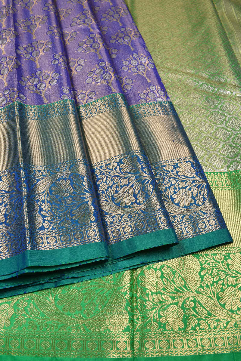 Blue Semi Silk Tree Design Contrast Green Border Bridal Tissue Saree