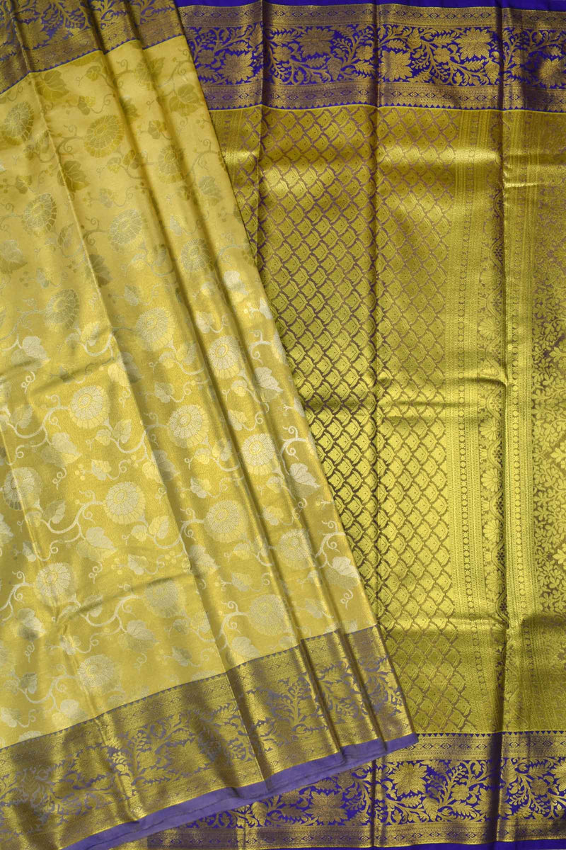 Light Yellow Semi Silk Floral Jaal Design Contrast Violet Border Bridal Tissue Saree