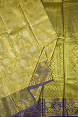 Light Yellow Semi Silk Floral Jaal Design Contrast Violet Border Bridal Tissue Saree