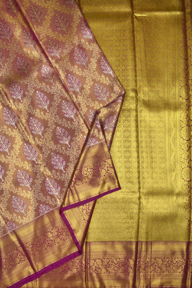 Golden Brown Semi Silk Contrast Tree Jacquard Floral Border Bridal Tissue Saree