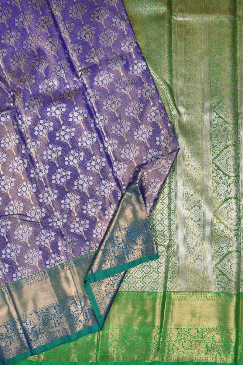 Blue Semi Silk Tree Design Contrast Green Border Bridal Tissue Saree