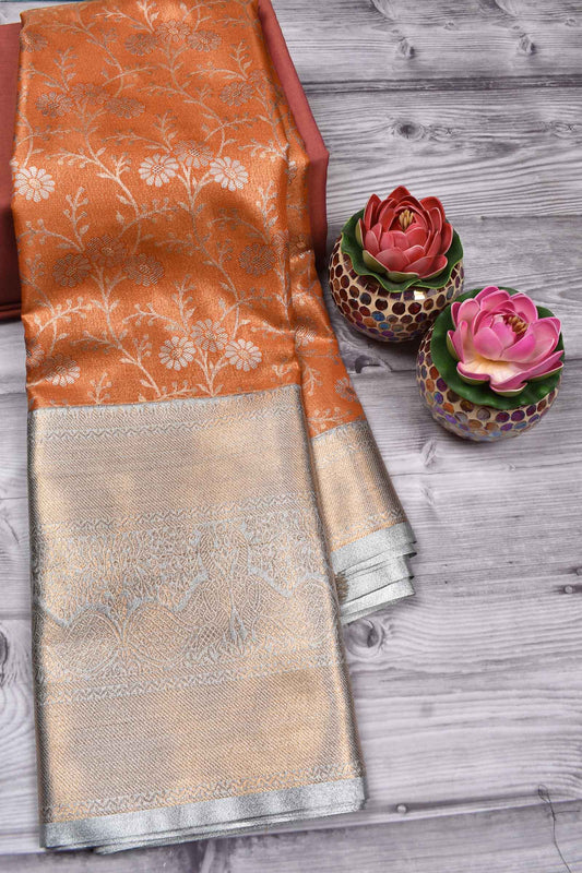 Orange Semi Silk Big Grey Border Flower Jaal Bridal Tissue Saree