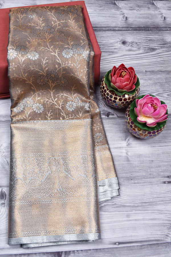 Grey Brown Semi Silk All over Fancy Florals Big Border Bridal Tissue Saree