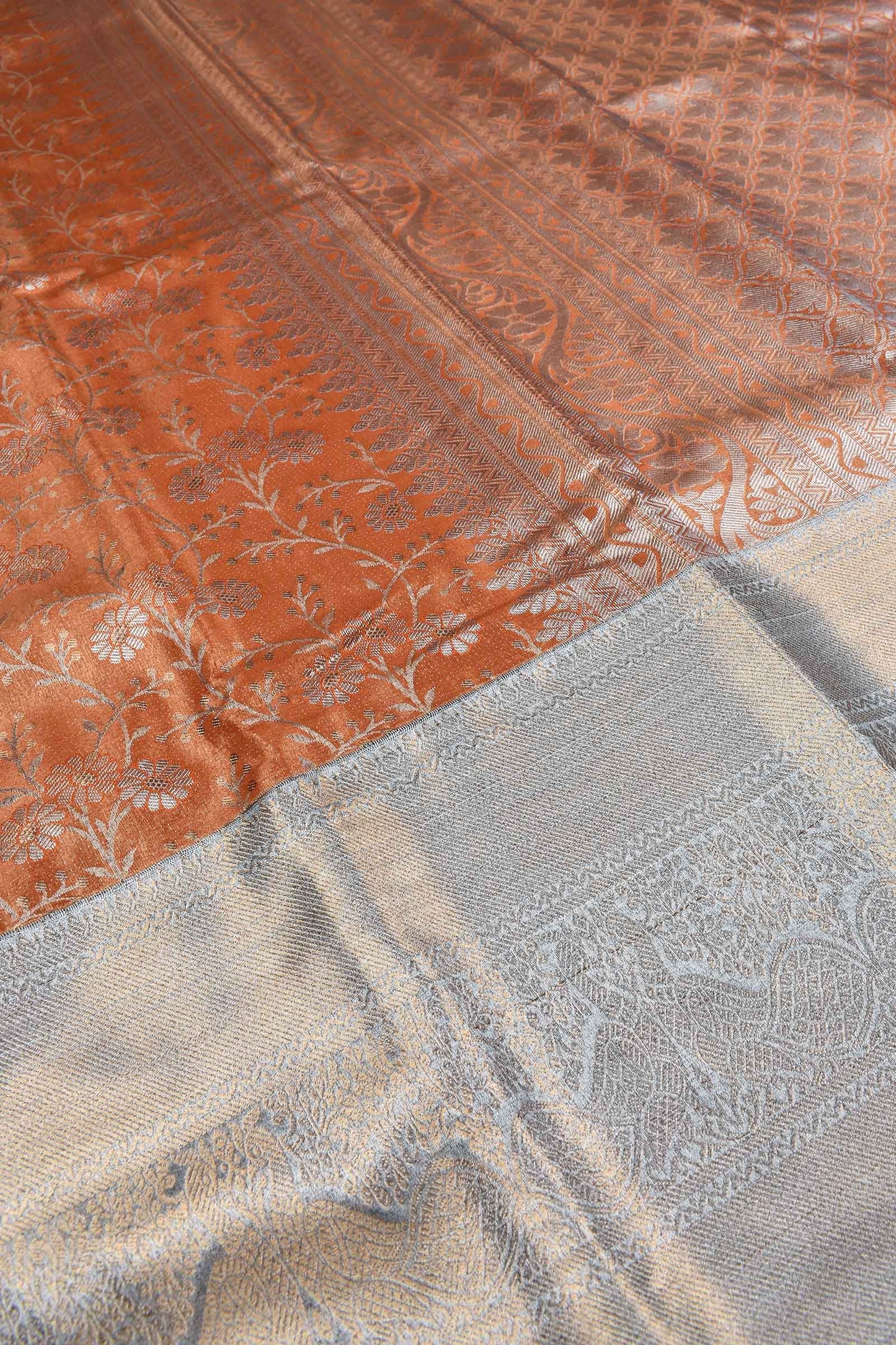 Orange Semi Silk Big Grey Border Flower Jaal Bridal Tissue Saree