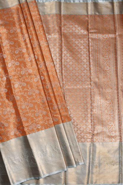 Orange Semi Silk Big Grey Border Flower Jaal Bridal Tissue Saree