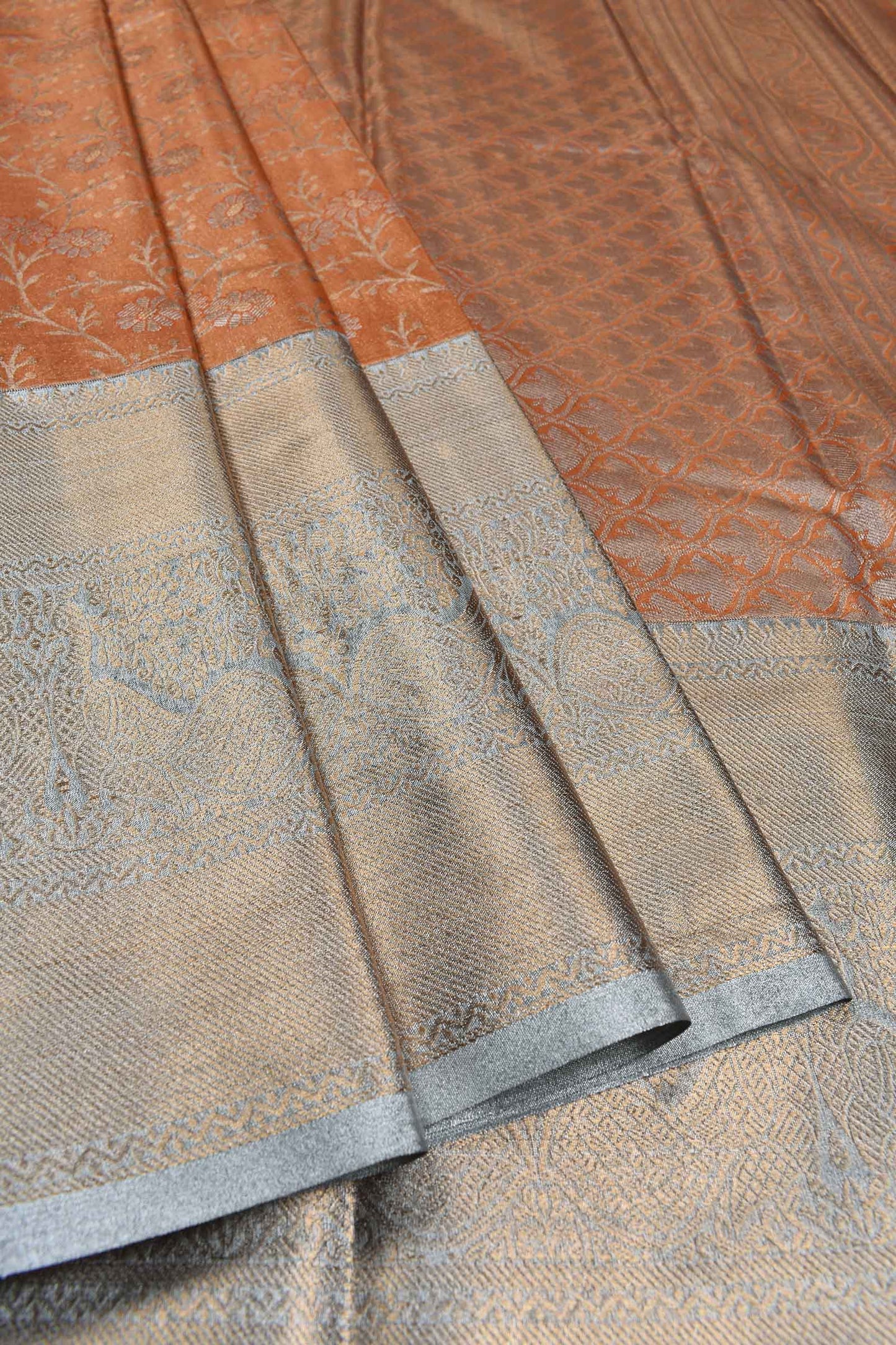 Orange Semi Silk Big Grey Border Flower Jaal Bridal Tissue Saree