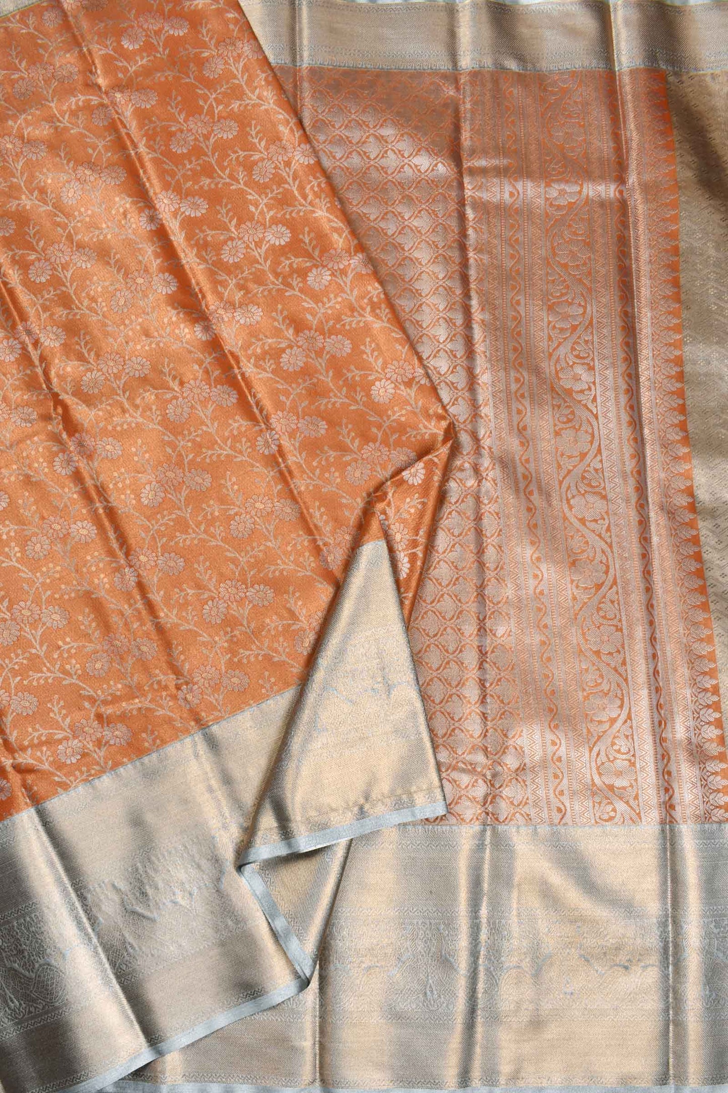 Orange Semi Silk Big Grey Border Flower Jaal Bridal Tissue Saree