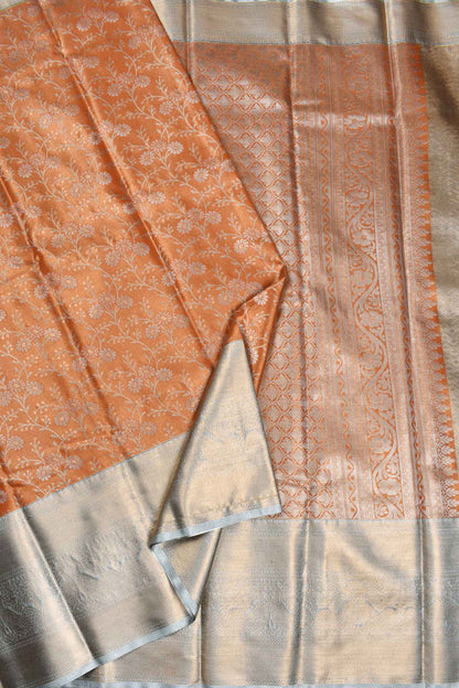 Orange Semi Silk Big Grey Border Flower Jaal Bridal Tissue Saree