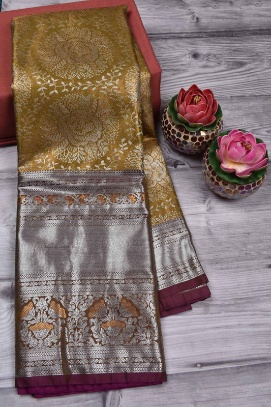 Brownish Green Semi Silk Big Chakra Butta Violet Border Tissue Saree