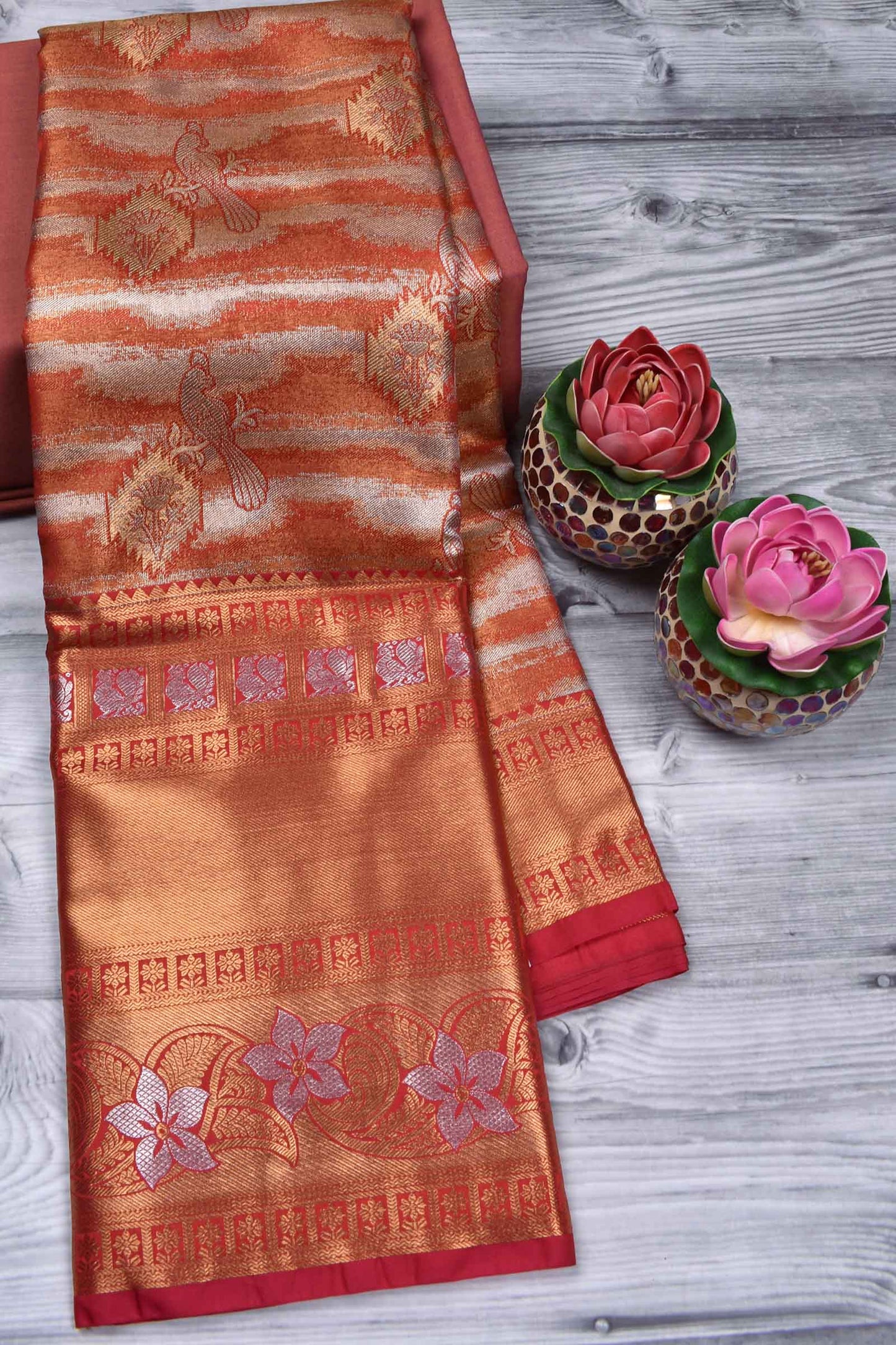 Sunset Orange Semi Silk Fancy Design Bridal Tissue Saree