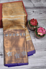 Golden Semi Silk Floral Border Parallel Lines Design Tissue Saree