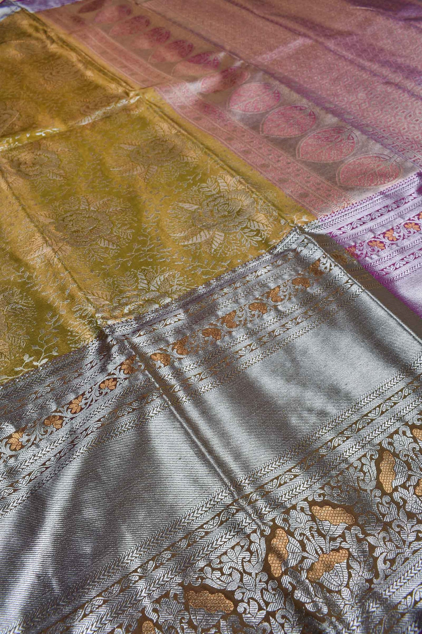 Brownish Green Semi Silk Big Chakra Butta Violet Border Tissue Saree