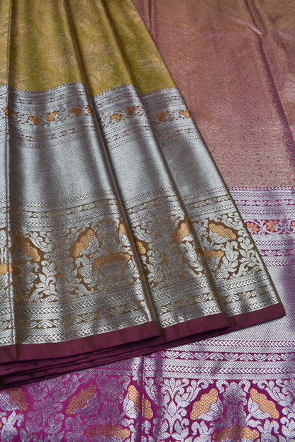 Brownish Green Semi Silk Big Chakra Butta Violet Border Tissue Saree