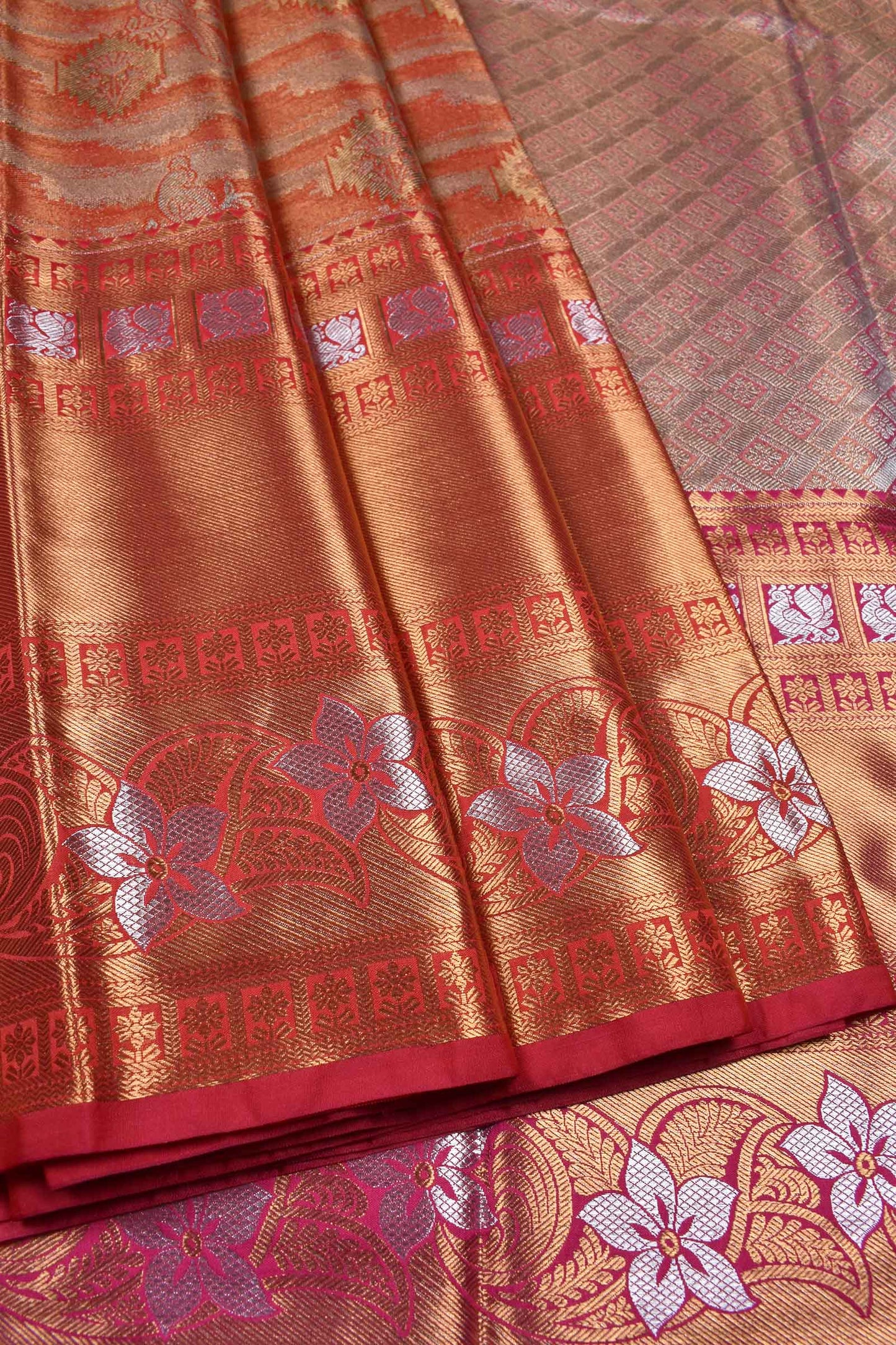 Sunset Orange Semi Silk Fancy Design Bridal Tissue Saree