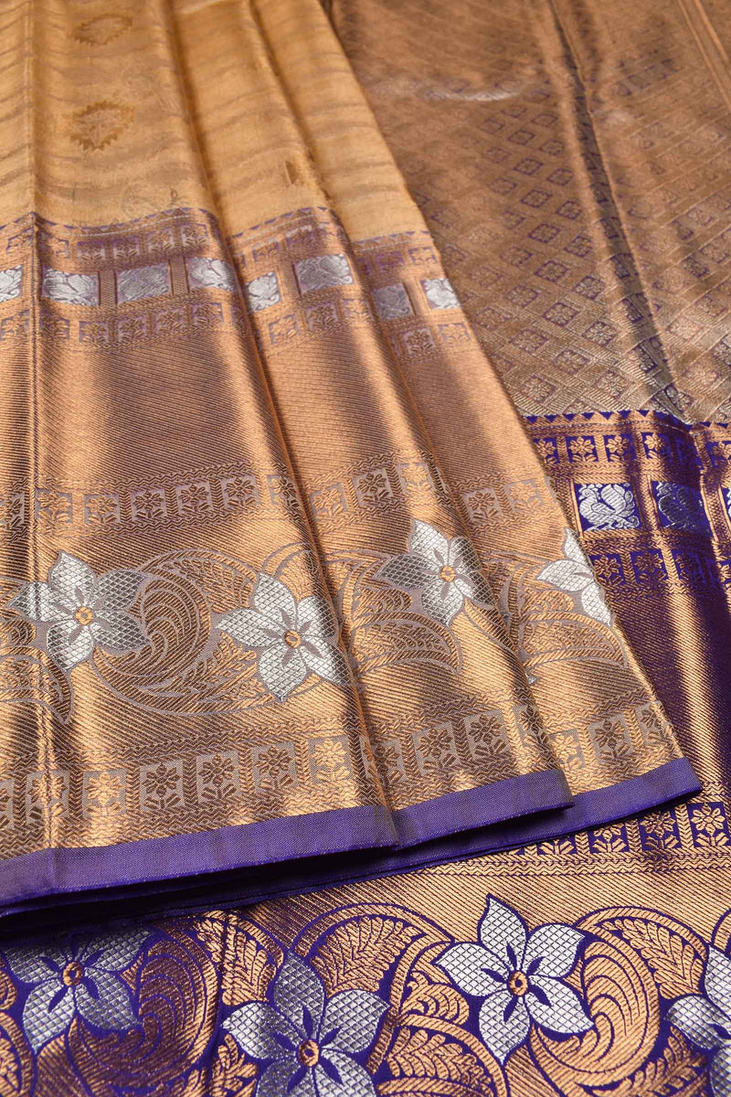 Golden Semi Silk Floral Border Parallel Lines Design Tissue Saree