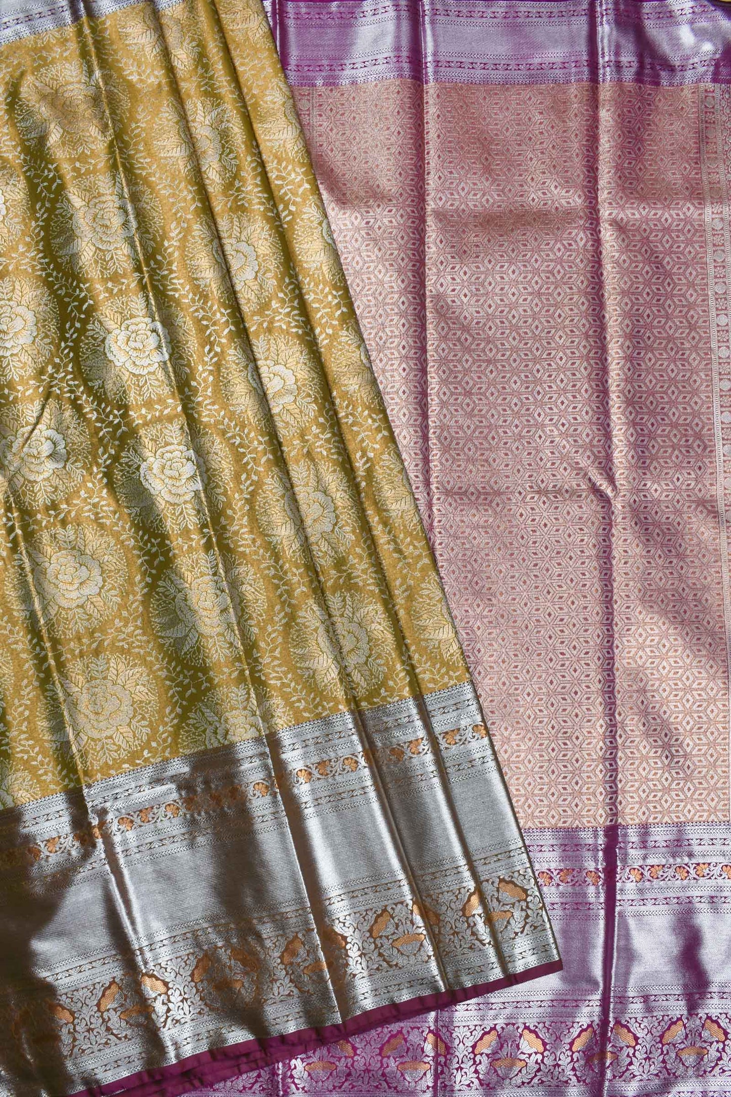 Brownish Green Semi Silk Big Chakra Butta Violet Border Tissue Saree