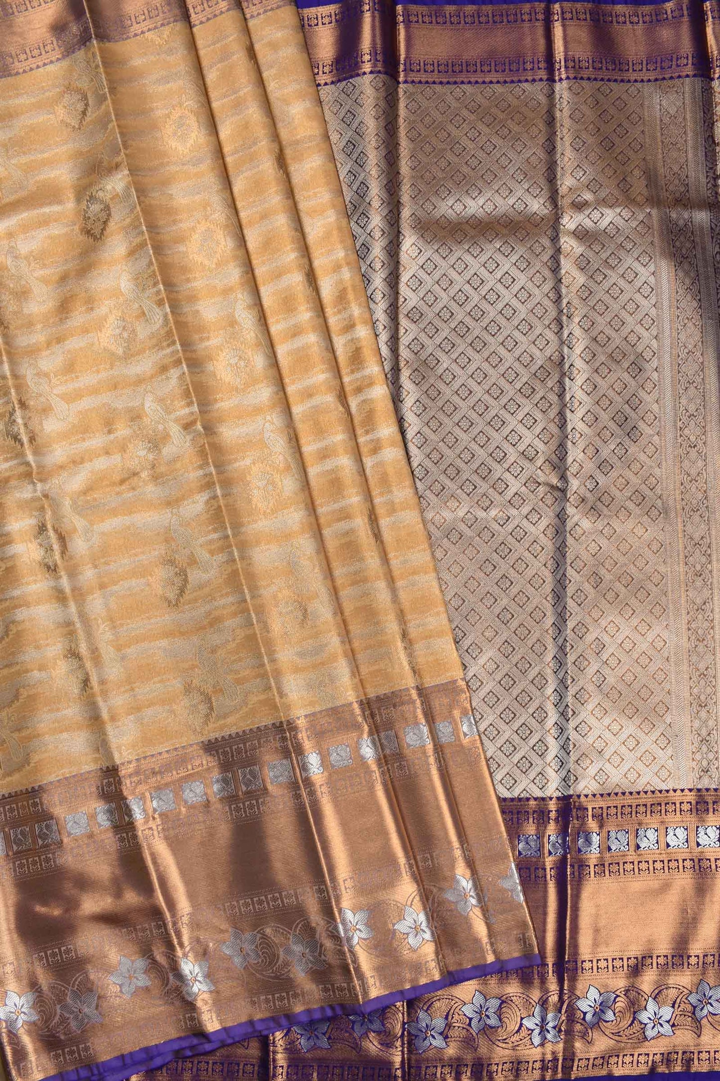 Golden Semi Silk Floral Border Parallel Lines Design Tissue Saree