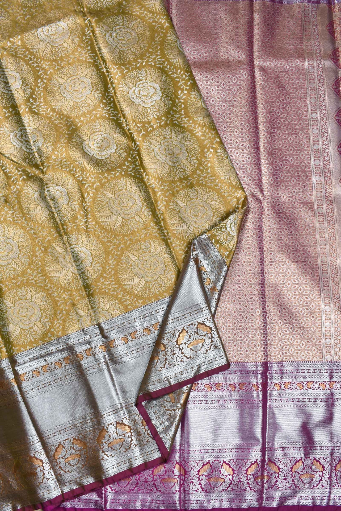 Brownish Green Semi Silk Big Chakra Butta Violet Border Tissue Saree