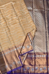 Golden Semi Silk Floral Border Parallel Lines Design Tissue Saree