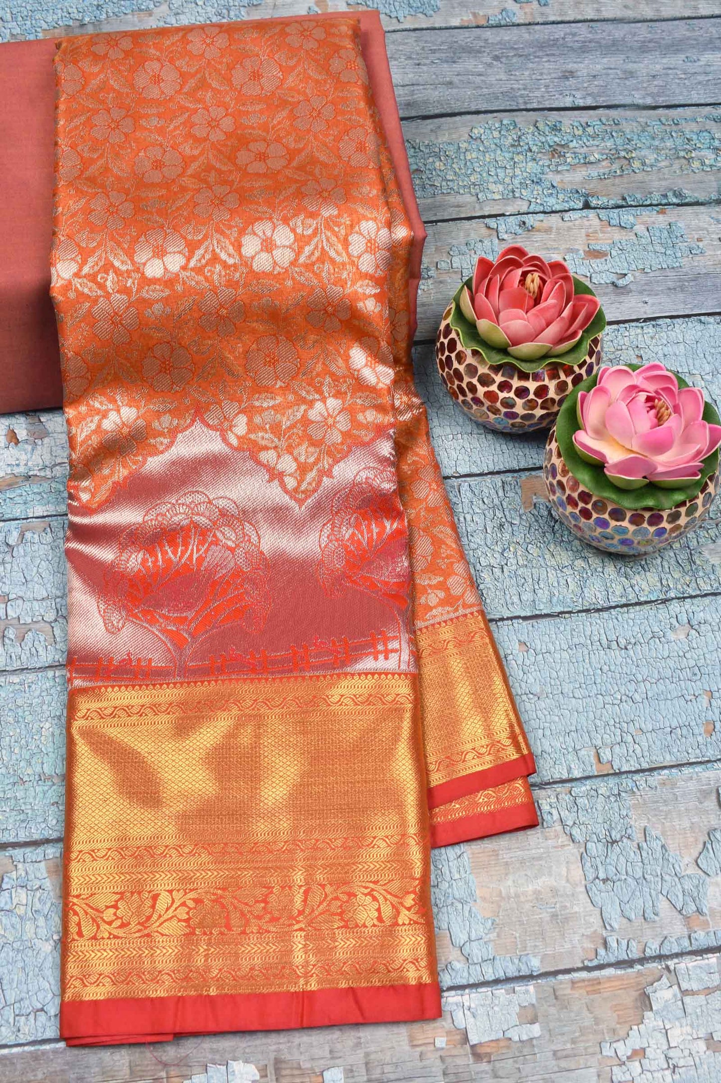 Orange Semi Silk All Over Flowers Design Big Border Bridal Tissue Saree