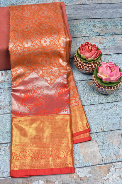 Orange Semi Silk All Over Flowers Design Big Border Bridal Tissue Saree