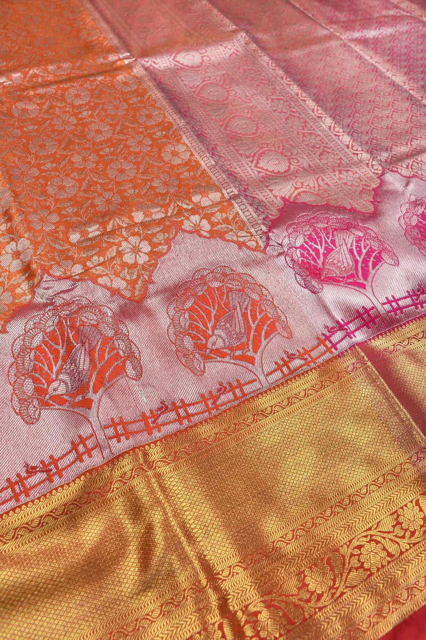 Orange Semi Silk All Over Flowers Design Big Border Bridal Tissue Saree