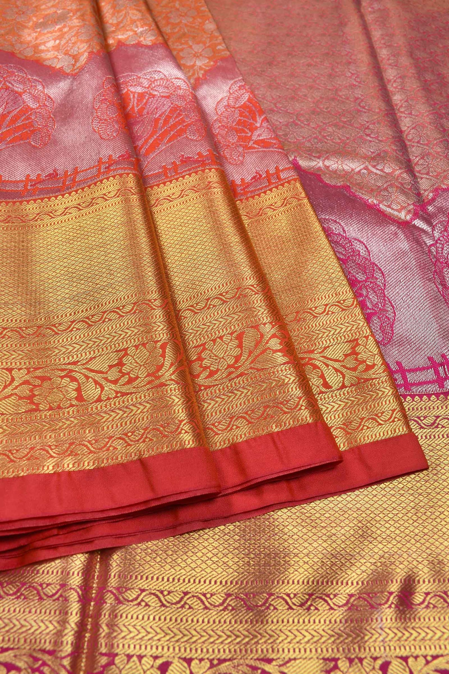 Orange Semi Silk All Over Flowers Design Big Border Bridal Tissue Saree