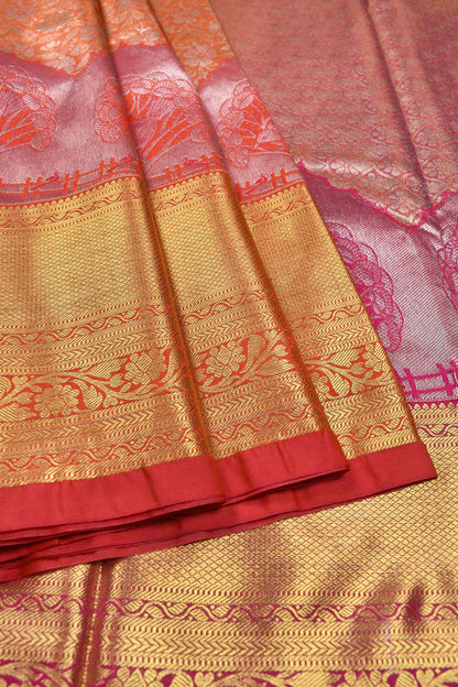 Orange Semi Silk All Over Flowers Design Big Border Bridal Tissue Saree