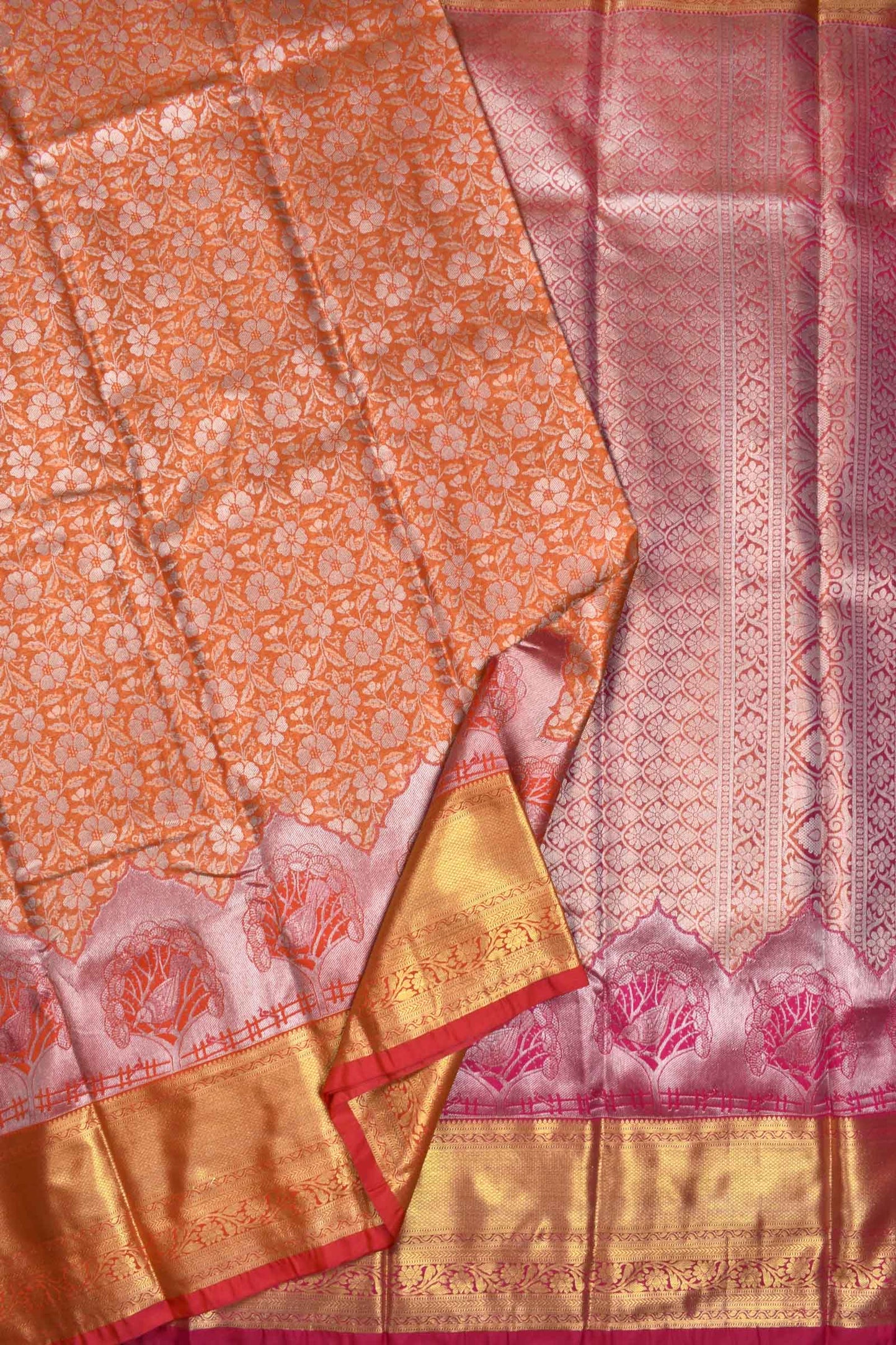 Orange Semi Silk All Over Flowers Design Big Border Bridal Tissue Saree