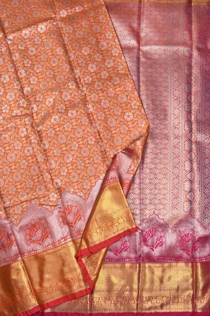 Orange Semi Silk All Over Flowers Design Big Border Bridal Tissue Saree