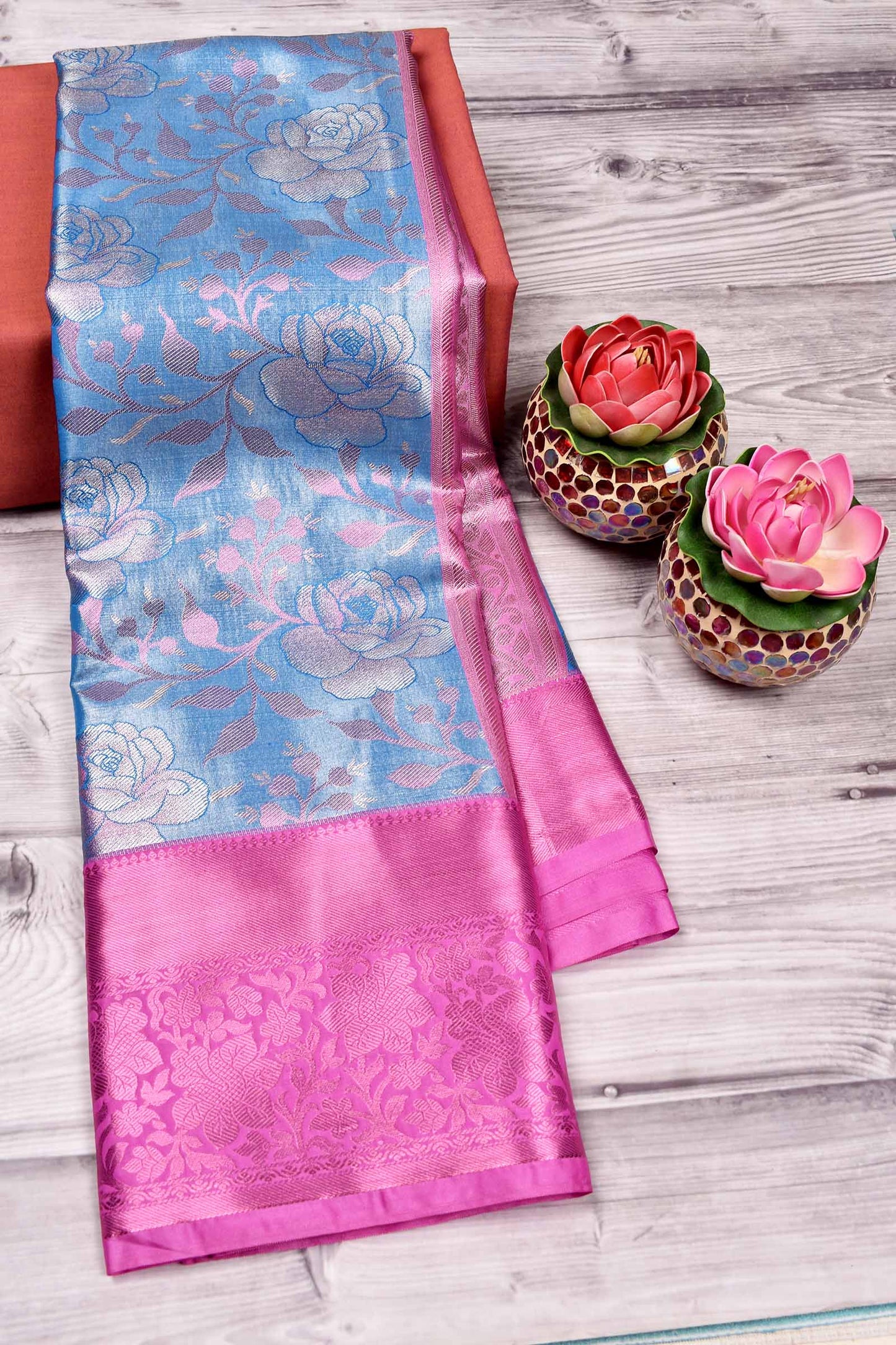 Sky Blue Semi Silk Rose Jacquard Contrast Pink Border Bridal Tissue Saree