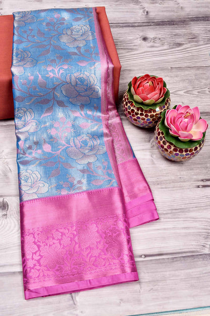 Sky Blue Semi Silk Rose Jacquard Contrast Pink Border Bridal Tissue Saree